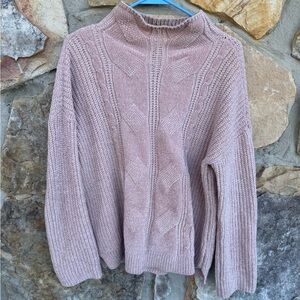 Marled Cable-Knit Mock Neck Sweater in Dusty Rose Chenile